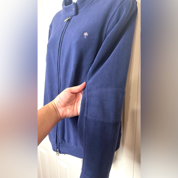 LILLY PULITZER Fleece Jacket Coat Navy Blue Pink Palm Tree Pockets Elbow Patch - Picture 16 of 16
